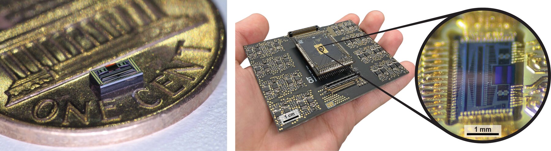 Quantum phased array chip on a penny, packaged module, and die micrograph